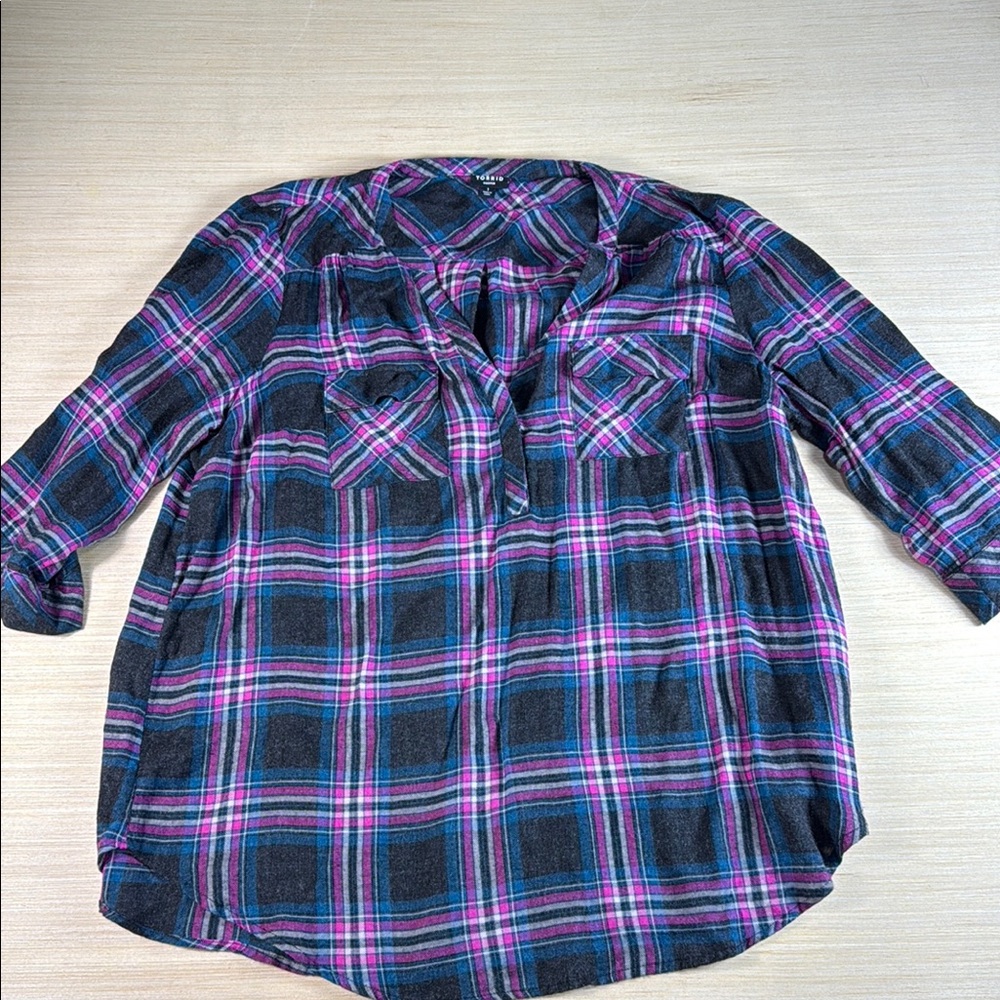 Torrid Vibrant Plaid Button Down Shirt‎ - Pink and Blue